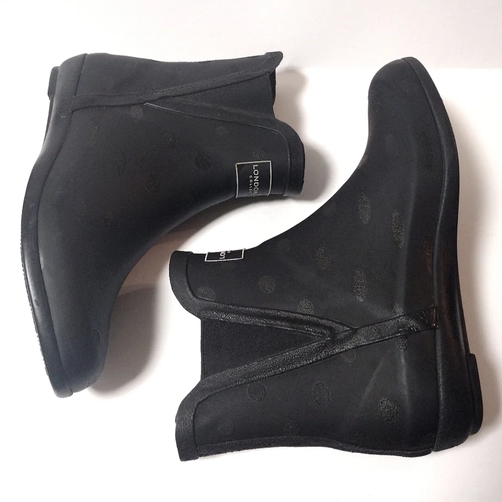 London Fog Women's Piccadilly Rain Ankle Pull On Waterproof Boots Black Dots